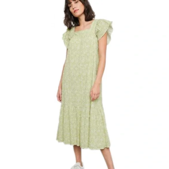 Revolve Dresses | Rails Skylar Revolve Dress Green Posies Cotton Gauze Midi Ruffle Linen Size Xs | Color: Green | Size: Xs | Meltem_Xo's Closet